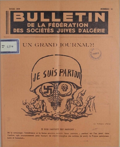 Bulletin de la Fédération des sociétés juives d’Algérie  V°06 N°51 (01/03/1939)